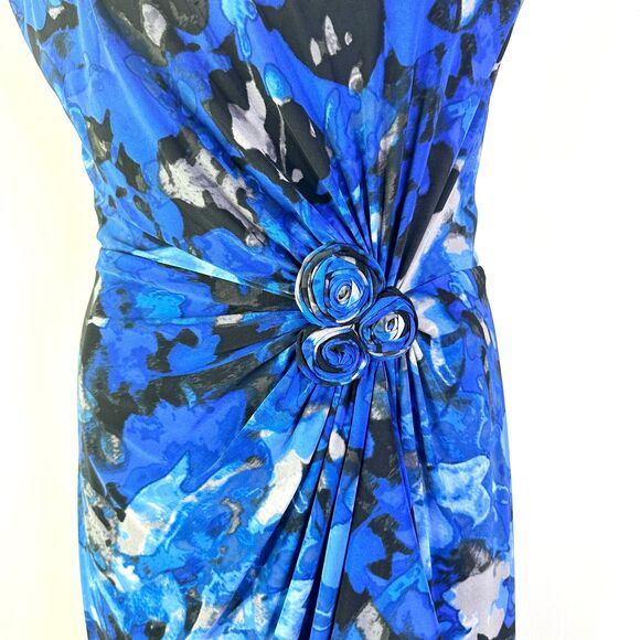 Jones New York Dress Women 14 Blue Floral Rosette Ruched Cap Slv Ruffle Elegant - Picture 2 of 10